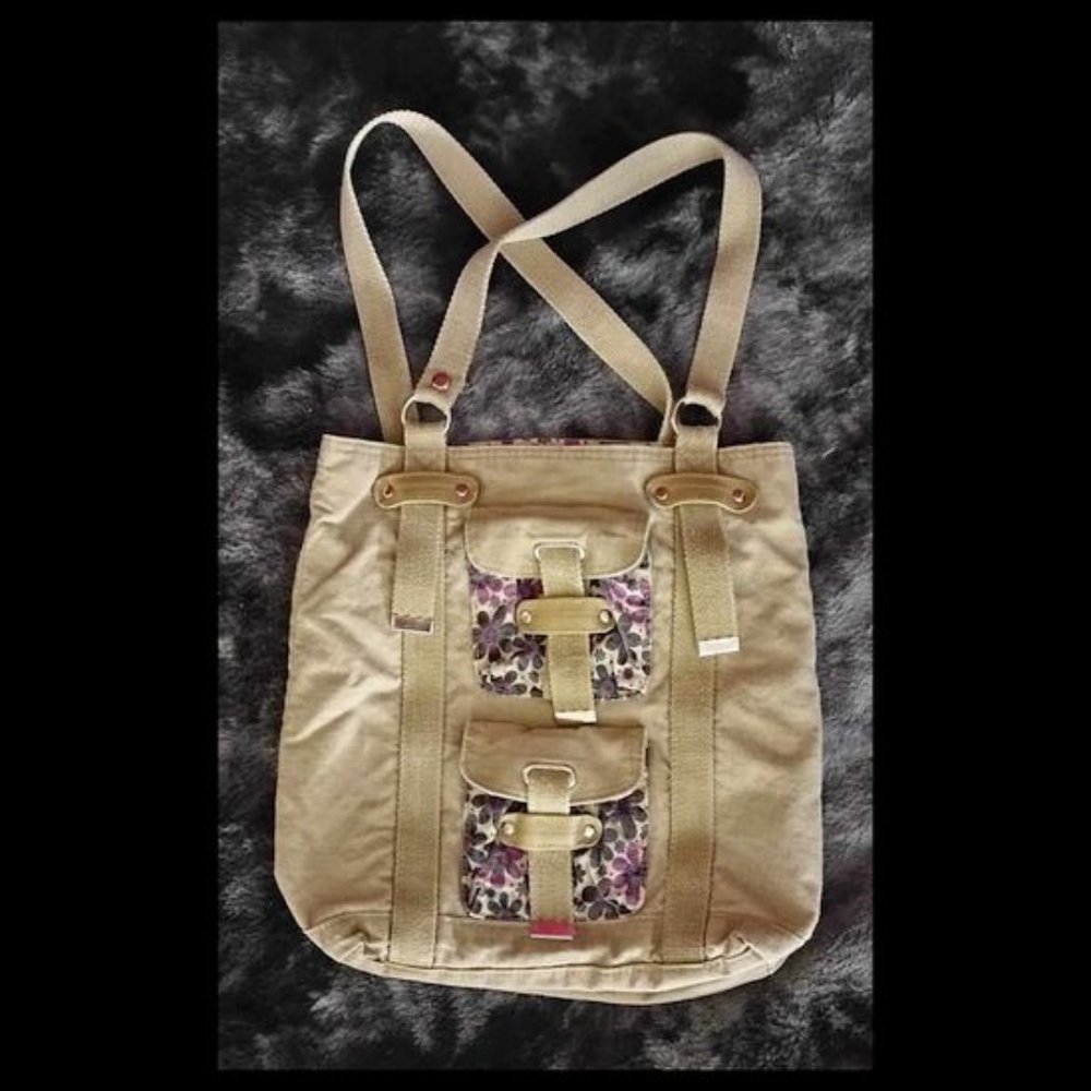 Reversible Khaki Floral Cargo Carry Shoulder Tote Bag Purse